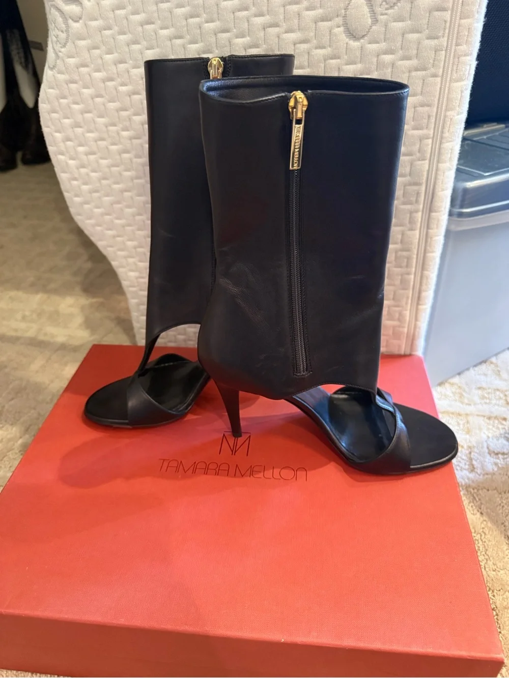 Tamara Mellon Black Open-Toe Leather High-Heel Booties